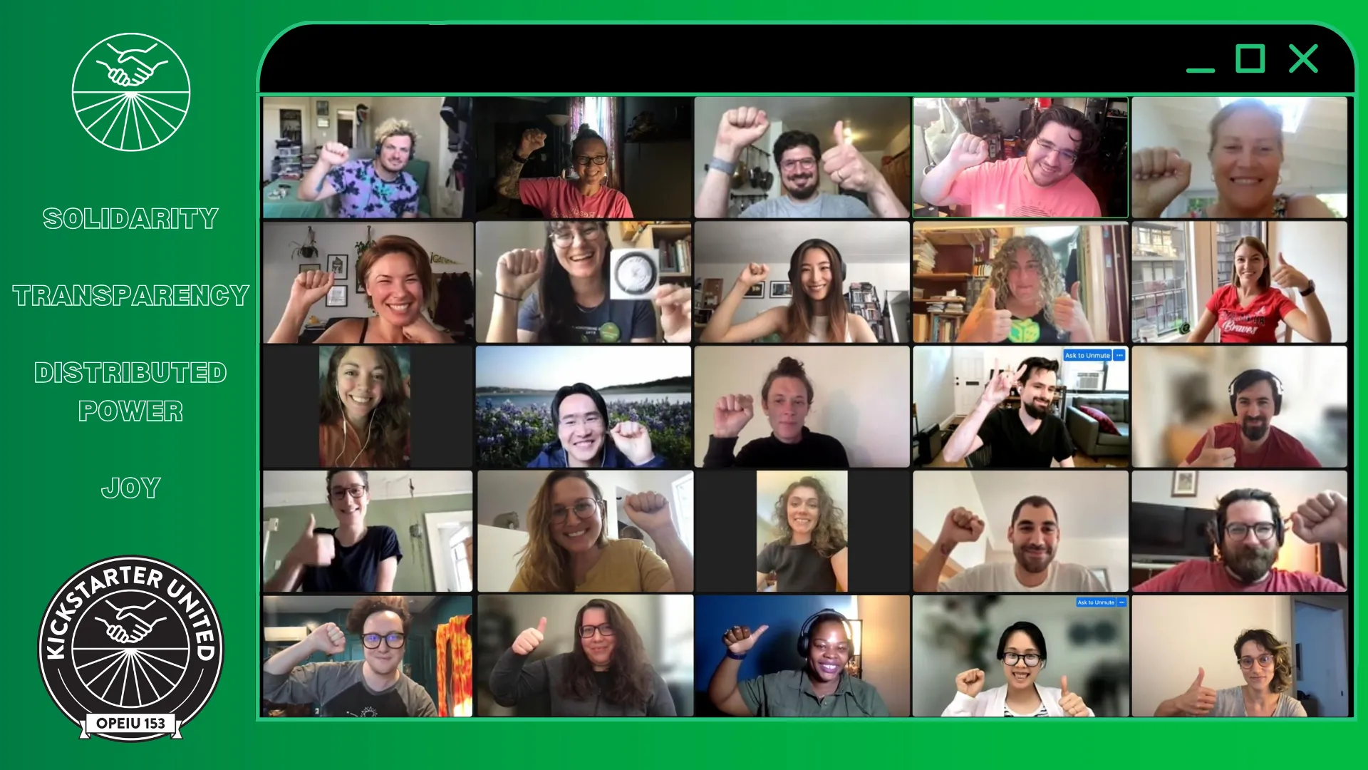 A screenshot of a Zoom meeting where our Bargaining Unit members were celebrating their first contract